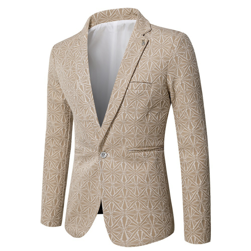 Fehér jacquard slim-fit zakó férfiaknak, koreai stílus, tavasz–ősz szezonra, egygombos, álló gallérral