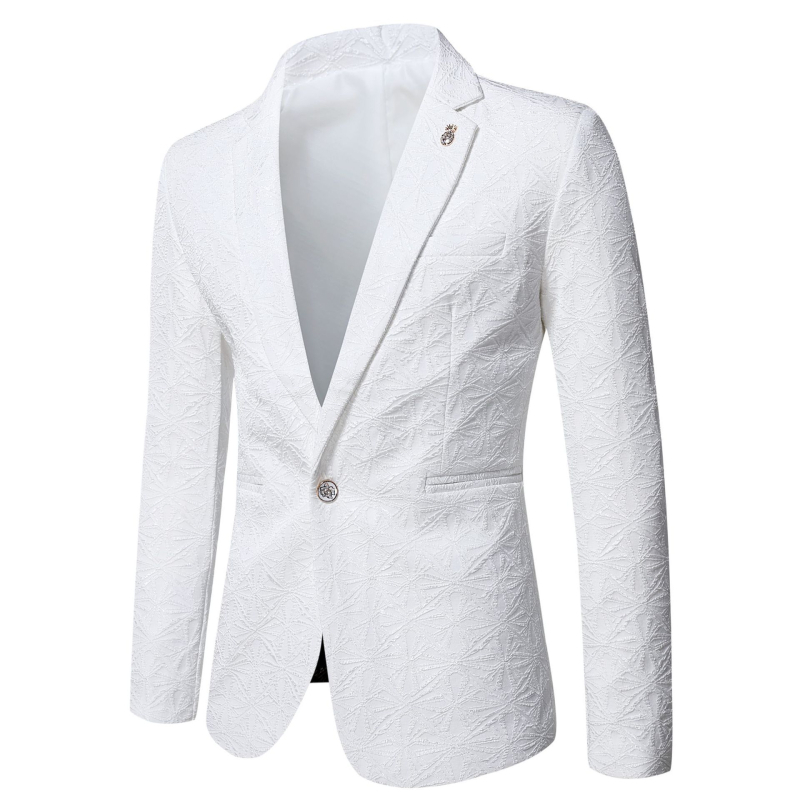 Fehér jacquard slim-fit zakó férfiaknak, koreai stílus, tavasz–ősz szezonra, egygombos, álló gallérral