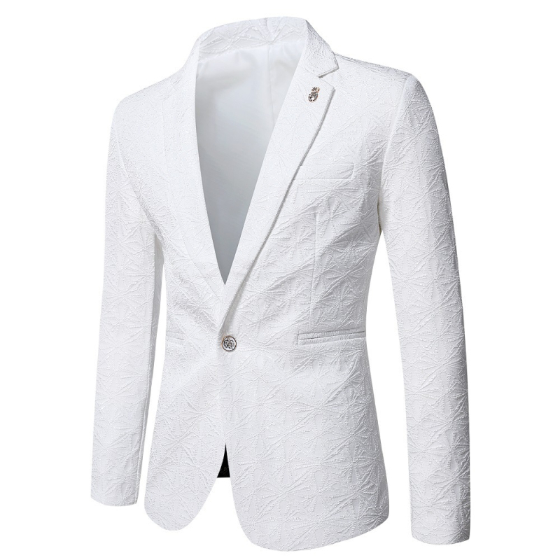 Fehér jacquard slim-fit zakó férfiaknak, koreai stílus, tavasz–ősz szezonra, egygombos, álló gallérral