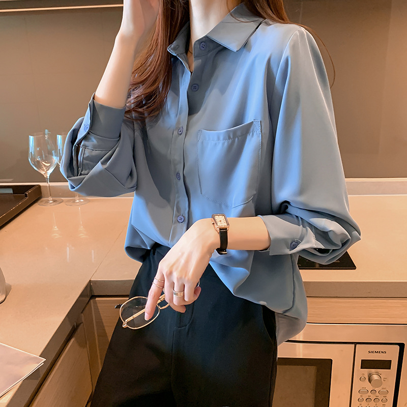 Bluza pentru femei cu mânecă lungă, culoare solidă, elegantă și versatilă, guler polo, stil coreean