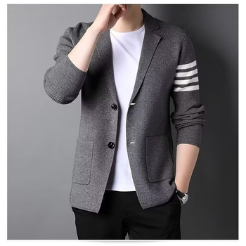 Cardigan tricotat gros pentru bărbați, blazer cu dungi în stil coreean, decolteu în V, mâneci lungi, croială lejeră