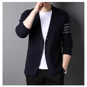Cardigan tricotat gros pentru bărbați, blazer cu dungi în stil coreean, decolteu în V, mâneci lungi, croială lejeră