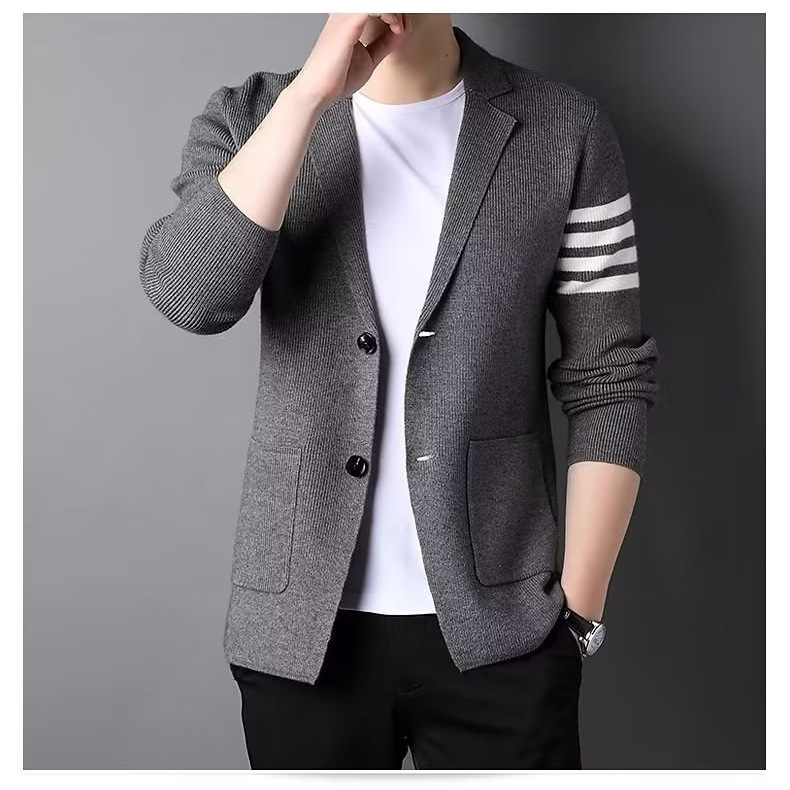 Cardigan tricotat gros pentru bărbați, blazer cu dungi în stil coreean, decolteu în V, mâneci lungi, croială lejeră