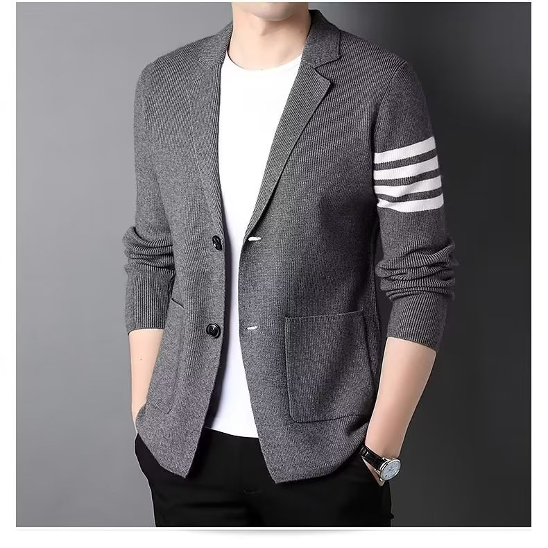 Cardigan tricotat gros pentru bărbați, blazer cu dungi în stil coreean, decolteu în V, mâneci lungi, croială lejeră