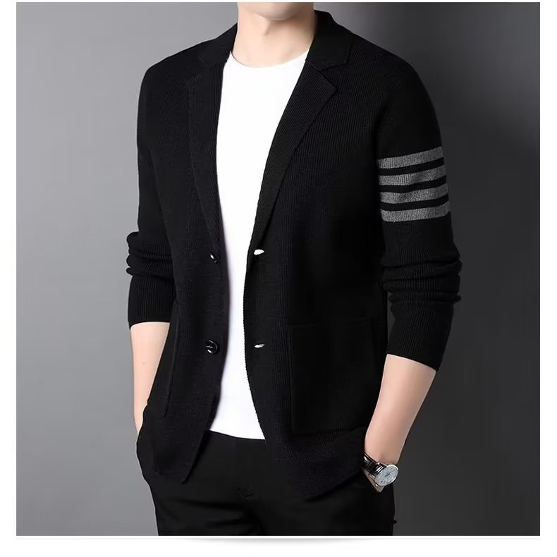 Cardigan tricotat gros pentru bărbați, blazer cu dungi în stil coreean, decolteu în V, mâneci lungi, croială lejeră