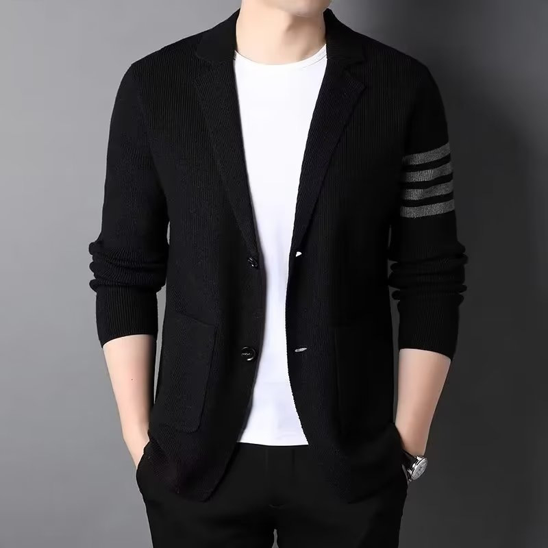 Cardigan tricotat gros pentru bărbați, blazer cu dungi în stil coreean, decolteu în V, mâneci lungi, croială lejeră
