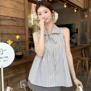 Cămașă fără mâneci cu dungi pentru femei, vară, stil coreean chic, top casual de înaltă calitate