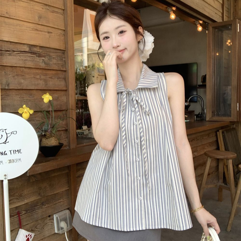 Cămașă fără mâneci cu dungi pentru femei, vară, stil coreean chic, top casual de înaltă calitate