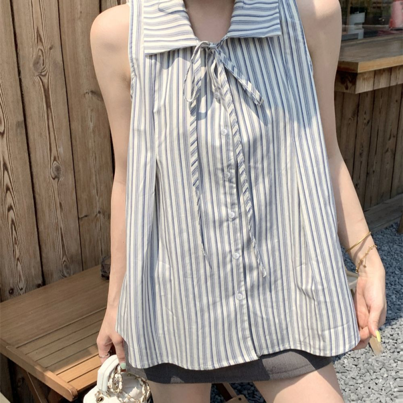 Cămașă fără mâneci cu dungi pentru femei, vară, stil coreean chic, top casual de înaltă calitate
