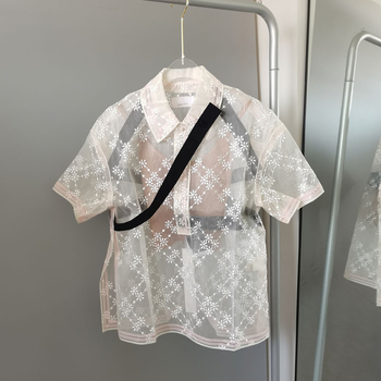 Bluza transparentă din mătase pentru femei, cu bretele asimetrice și broderie florală