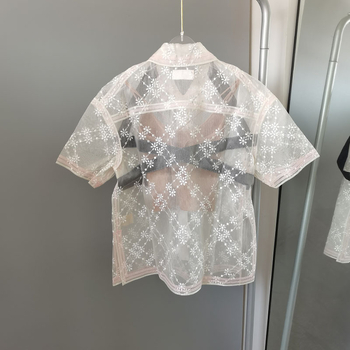 Bluza transparentă din mătase pentru femei, cu bretele asimetrice și broderie florală