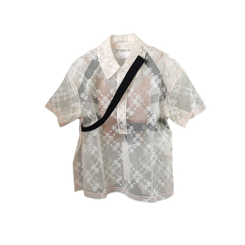 Bluza transparentă din mătase pentru femei, cu bretele asimetrice și broderie florală
