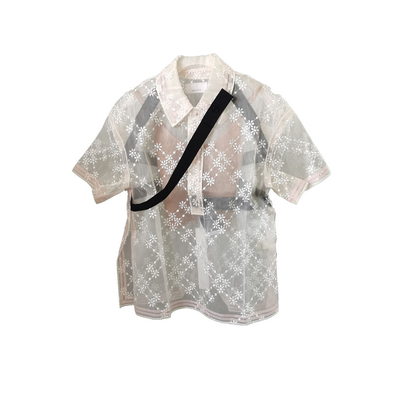 Bluza transparentă din mătase pentru femei, cu bretele asimetrice și broderie florală