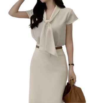 Bluza albă din bumbac, mânecă scurtă, pentru femei, nod cu panglică, stil office