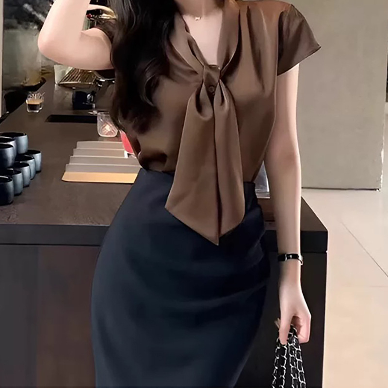 Bluza albă din bumbac, mânecă scurtă, pentru femei, nod cu panglică, stil office