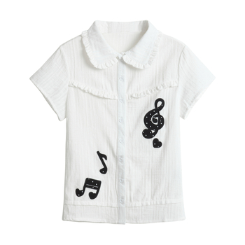 Top dama în stil coreean, cu guler păpușă, mâneci scurte, dantelă și broderie cu note muzicale, croială slim, design drăguț