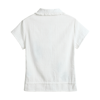 Top dama în stil coreean, cu guler păpușă, mâneci scurte, dantelă și broderie cu note muzicale, croială slim, design drăguț