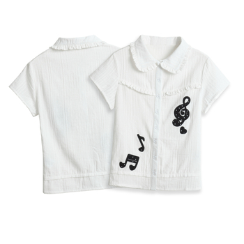 Top dama în stil coreean, cu guler păpușă, mâneci scurte, dantelă și broderie cu note muzicale, croială slim, design drăguț