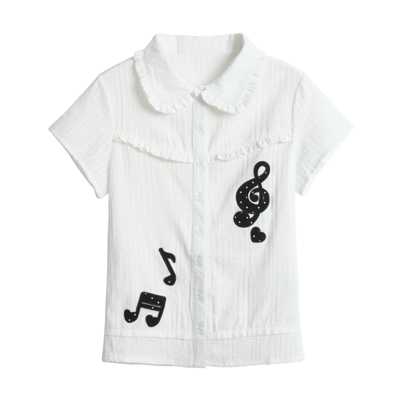Top dama în stil coreean, cu guler păpușă, mâneci scurte, dantelă și broderie cu note muzicale, croială slim, design drăguț