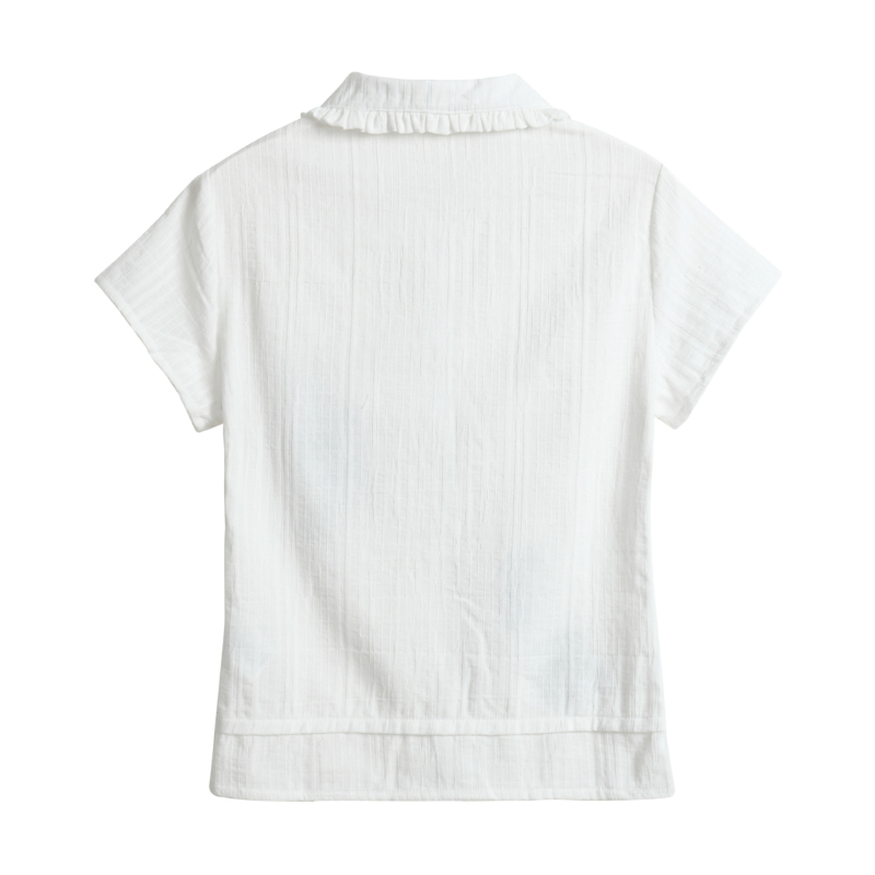 Top dama în stil coreean, cu guler păpușă, mâneci scurte, dantelă și broderie cu note muzicale, croială slim, design drăguț