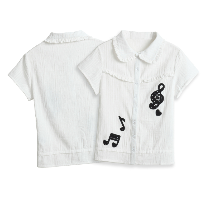 Top dama în stil coreean, cu guler păpușă, mâneci scurte, dantelă și broderie cu note muzicale, croială slim, design drăguț