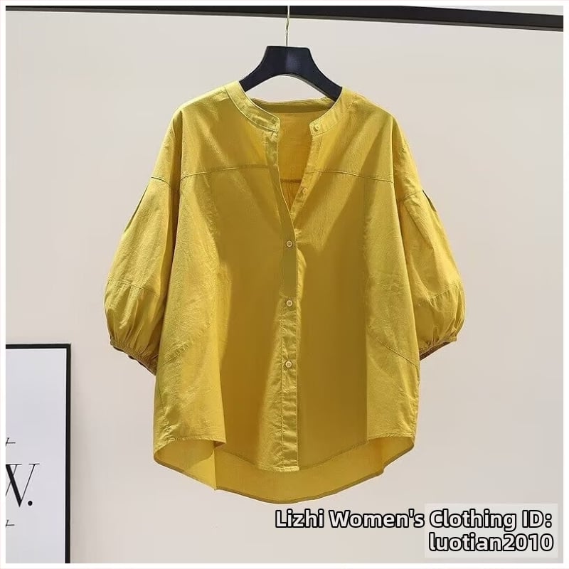 2026 Bluza albastru deschis cu guler înalt și mâneci lampion, lejeră, din bumbac pur, pentru vară