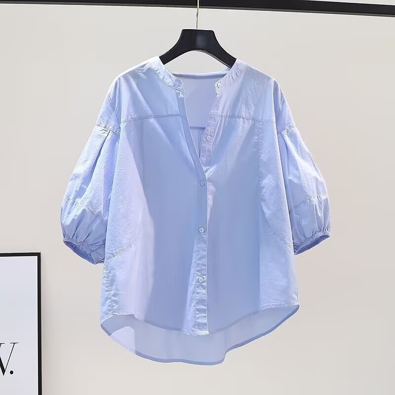 2026 Bluza albastru deschis cu guler înalt și mâneci lampion, lejeră, din bumbac pur, pentru vară