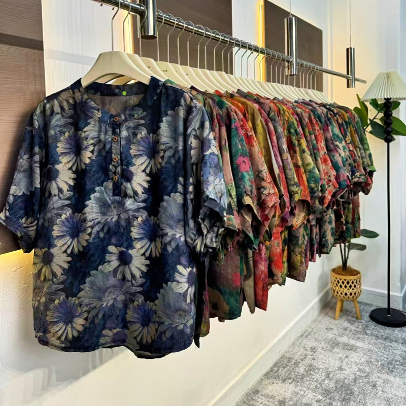 Top din bumbac-lină pentru femei, plus size, croială lejeră, imprimeu, vară, stil retro