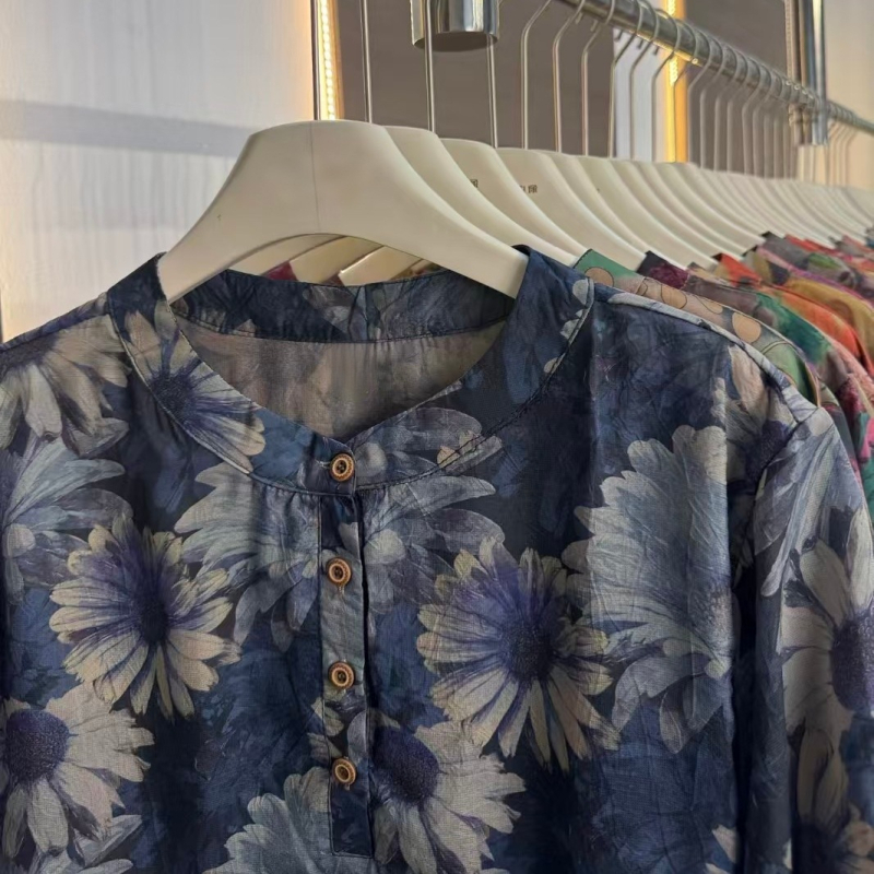 Top din bumbac-lină pentru femei, plus size, croială lejeră, imprimeu, vară, stil retro