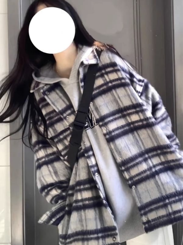 Női kockás gyapjú dzseki, őszi–téli 2024, amerikai retro street style, kiváló minőségű külső ruházat