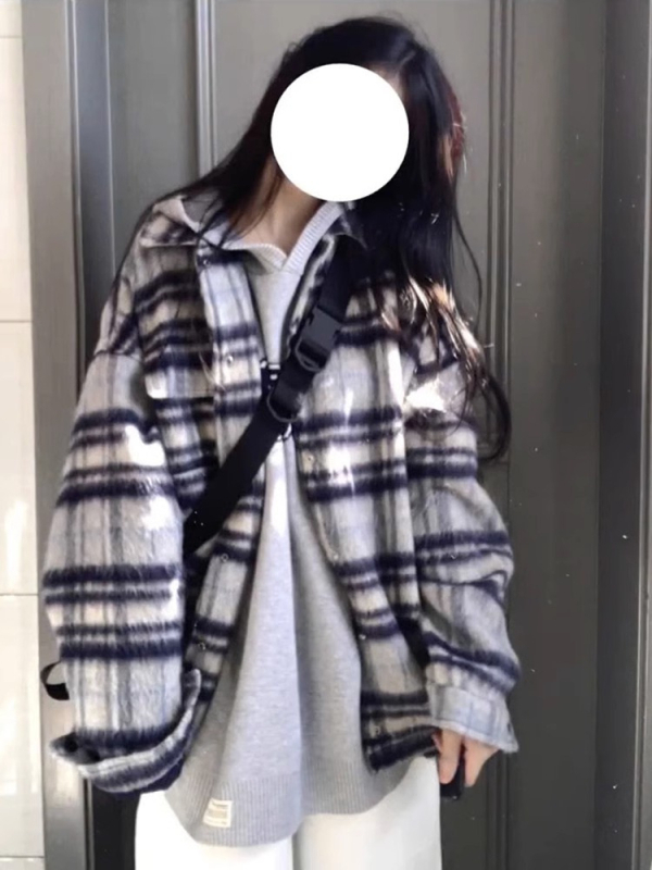 Női kockás gyapjú dzseki, őszi–téli 2024, amerikai retro street style, kiváló minőségű külső ruházat