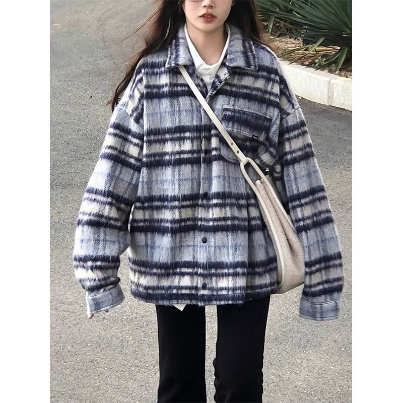 Női kockás gyapjú dzseki, őszi–téli 2024, amerikai retro street style, kiváló minőségű külső ruházat
