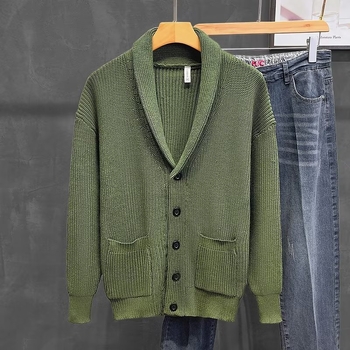 Cardigan pentru bărbați cu guler shawl, verde, stil vintage, tricot pentru ținute business casual, toamnă-iarnă