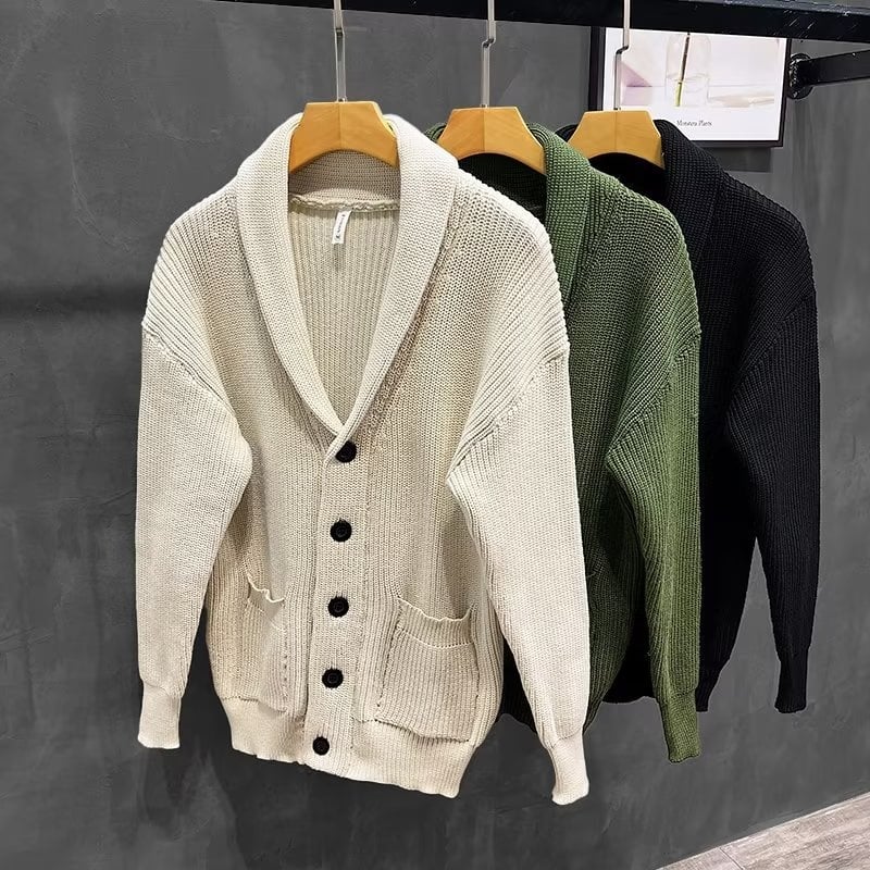 Cardigan pentru bărbați cu guler shawl, verde, stil vintage, tricot pentru ținute business casual, toamnă-iarnă