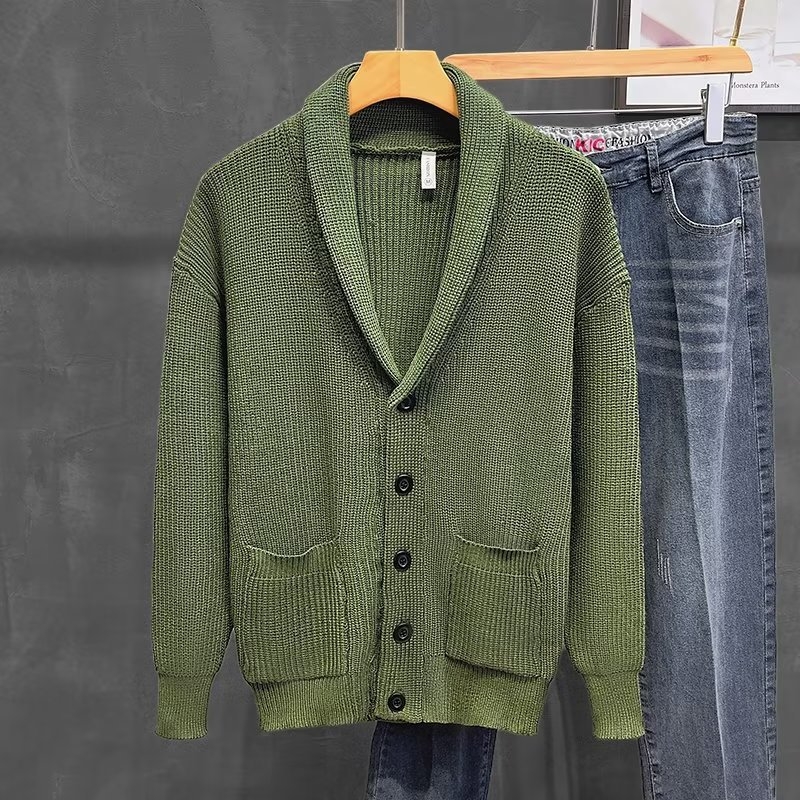 Cardigan pentru bărbați cu guler shawl, verde, stil vintage, tricot pentru ținute business casual, toamnă-iarnă