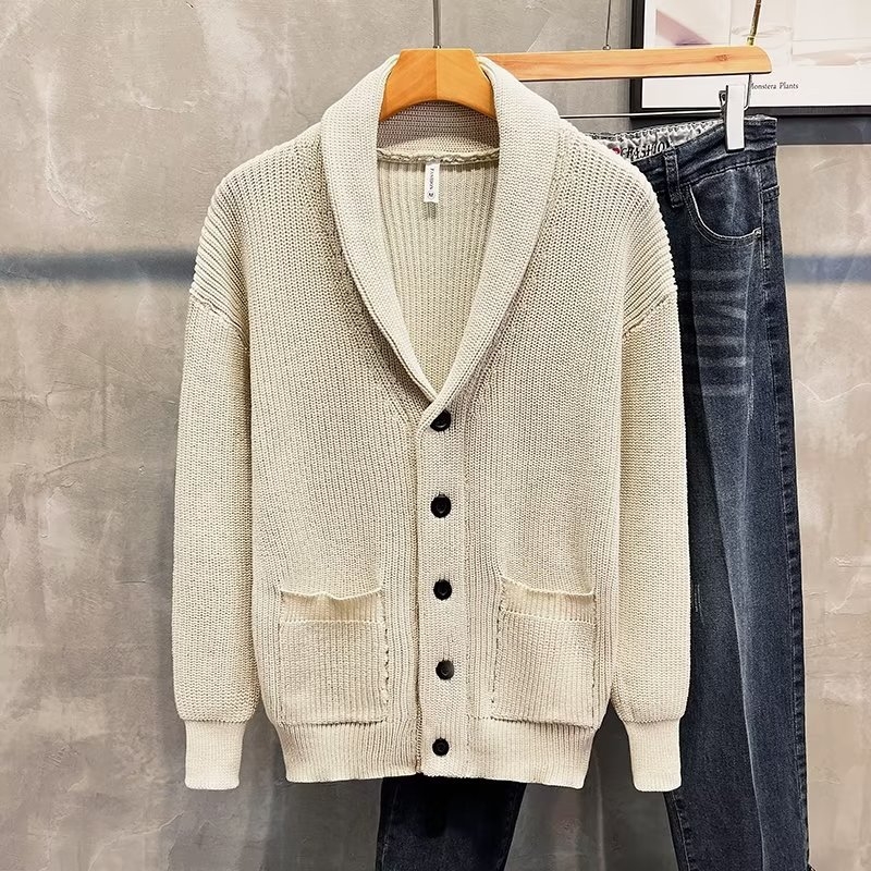 Cardigan pentru bărbați cu guler shawl, verde, stil vintage, tricot pentru ținute business casual, toamnă-iarnă