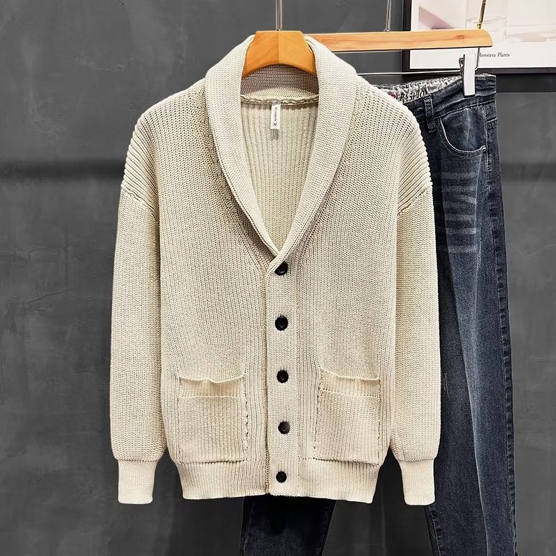 Cardigan pentru bărbați cu guler shawl, verde, stil vintage, tricot pentru ținute business casual, toamnă-iarnă