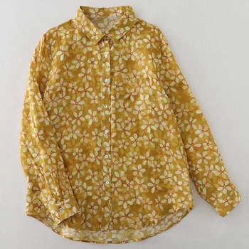 Cămașă cu imprimeu floral din bumbac-lin, croială lejeră, stil franțuzesc chic, galben, mâneci lungi, toamnă 2024