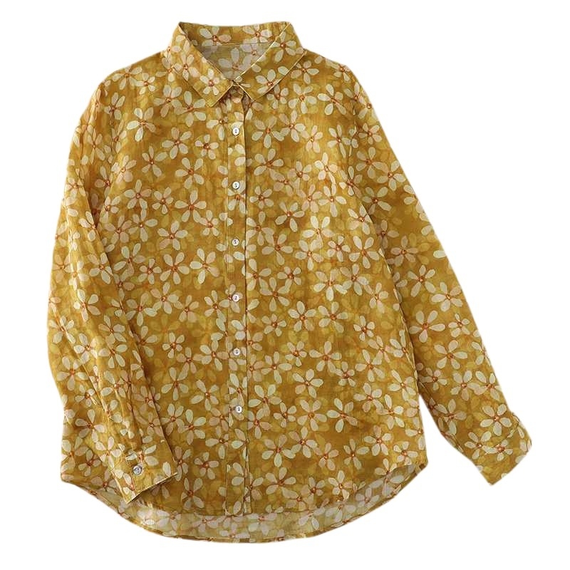 Cămașă cu imprimeu floral din bumbac-lin, croială lejeră, stil franțuzesc chic, galben, mâneci lungi, toamnă 2024