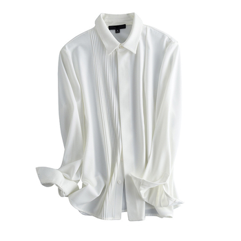 Texturált fehér chiffon hosszú ujjú ing, pliszírozott négyszögű gallérral, elegáns és sokoldalú — Forest of Water