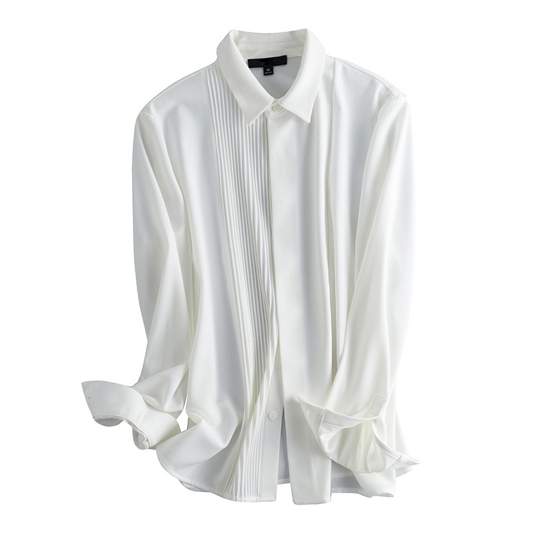 Texturált fehér chiffon hosszú ujjú ing, pliszírozott négyszögű gallérral, elegáns és sokoldalú — Forest of Water
