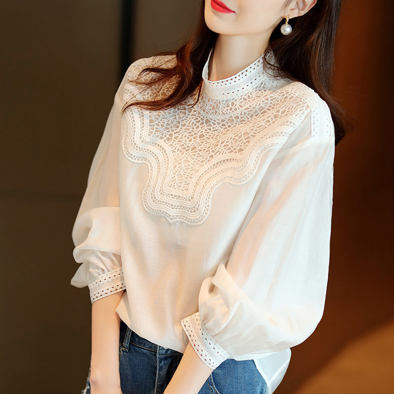 Női fehér kivágott ing, designer-inspirált, hosszú ujjú, álló gallér, sokoldalú top 2025 tavasz–ősz