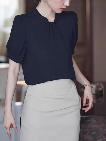 Női chiffon rövid ujjú blúza francia stílusban, sötétkék, professzionális nyári top