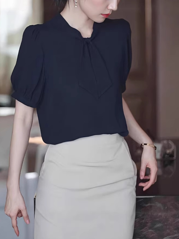 Női chiffon rövid ujjú blúza francia stílusban, sötétkék, professzionális nyári top