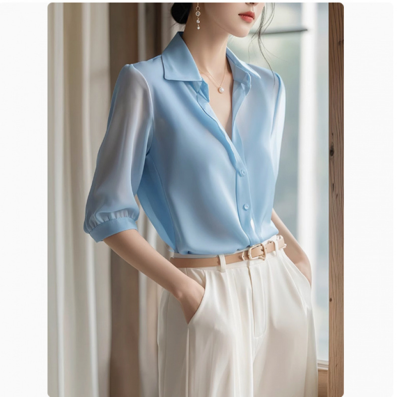 2025 Női részére, könnyed luxusú, francia stílusú elegáns ing, laza szabás, kék chiffon