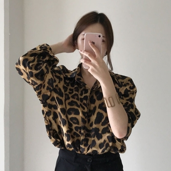 2026-os új Koreai chic retro leopardos mintás laza hosszú ujjú ing