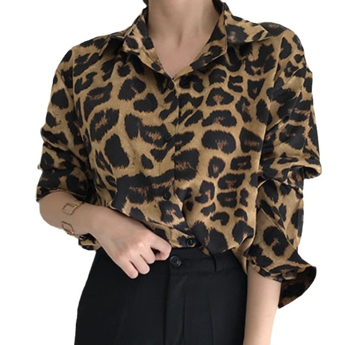 2026-os új Koreai chic retro leopardos mintás laza hosszú ujjú ing