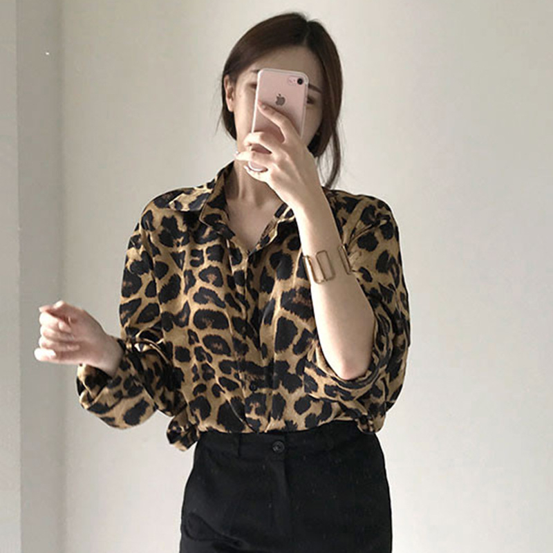 2026-os új Koreai chic retro leopardos mintás laza hosszú ujjú ing