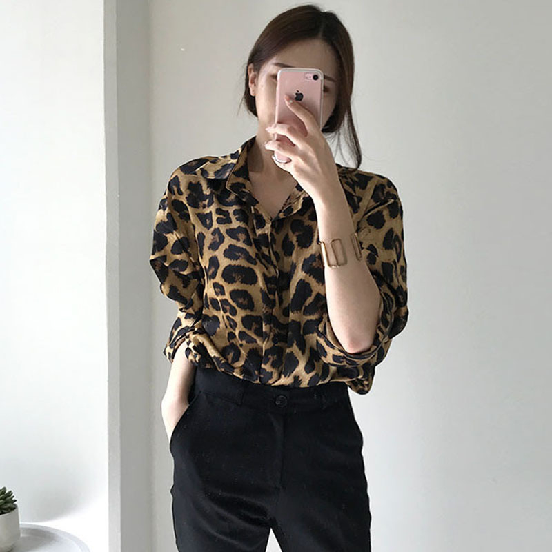 2026-os új Koreai chic retro leopardos mintás laza hosszú ujjú ing