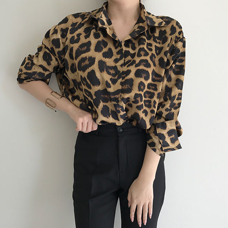 2026-os új Koreai chic retro leopardos mintás laza hosszú ujjú ing
